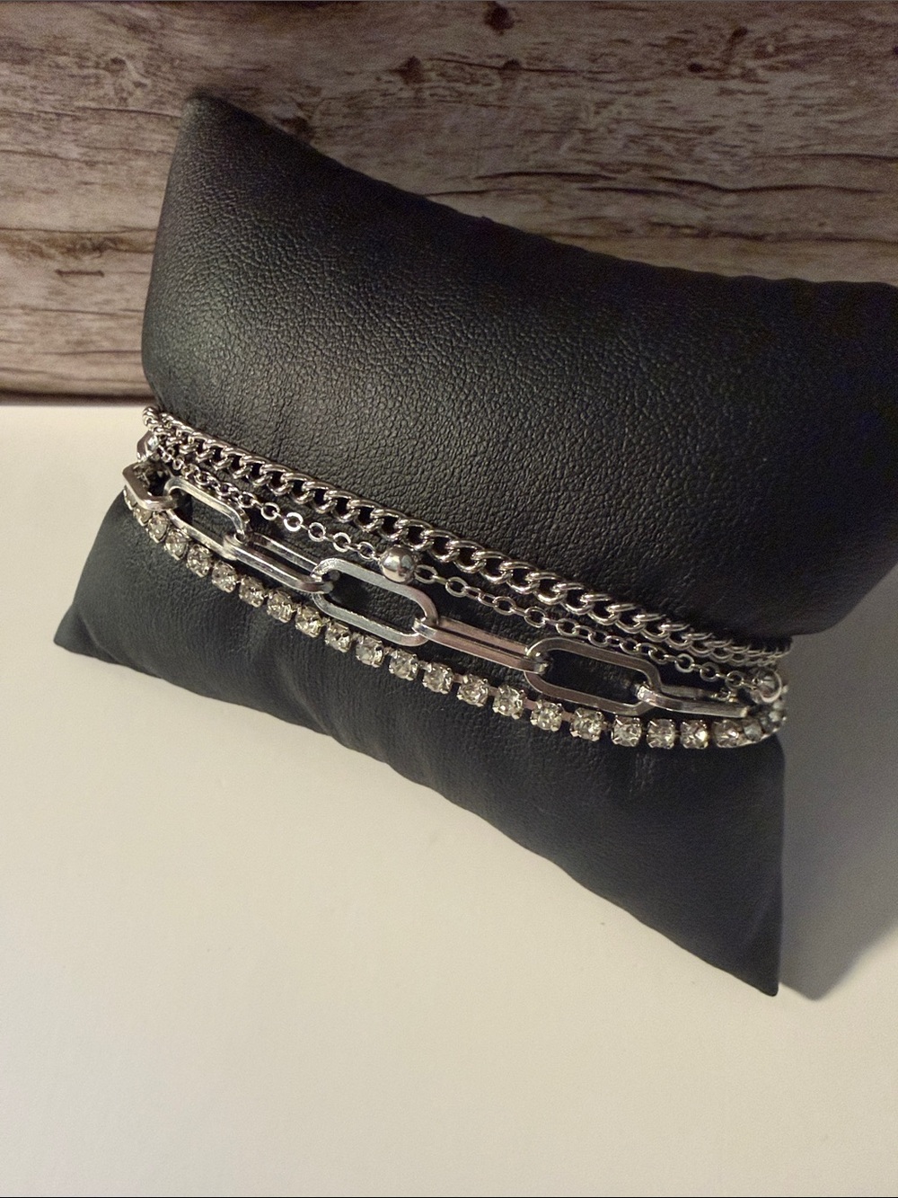 Layered Chain and Rhinestone Bracelets Set - Silver - Picture 4 of 10